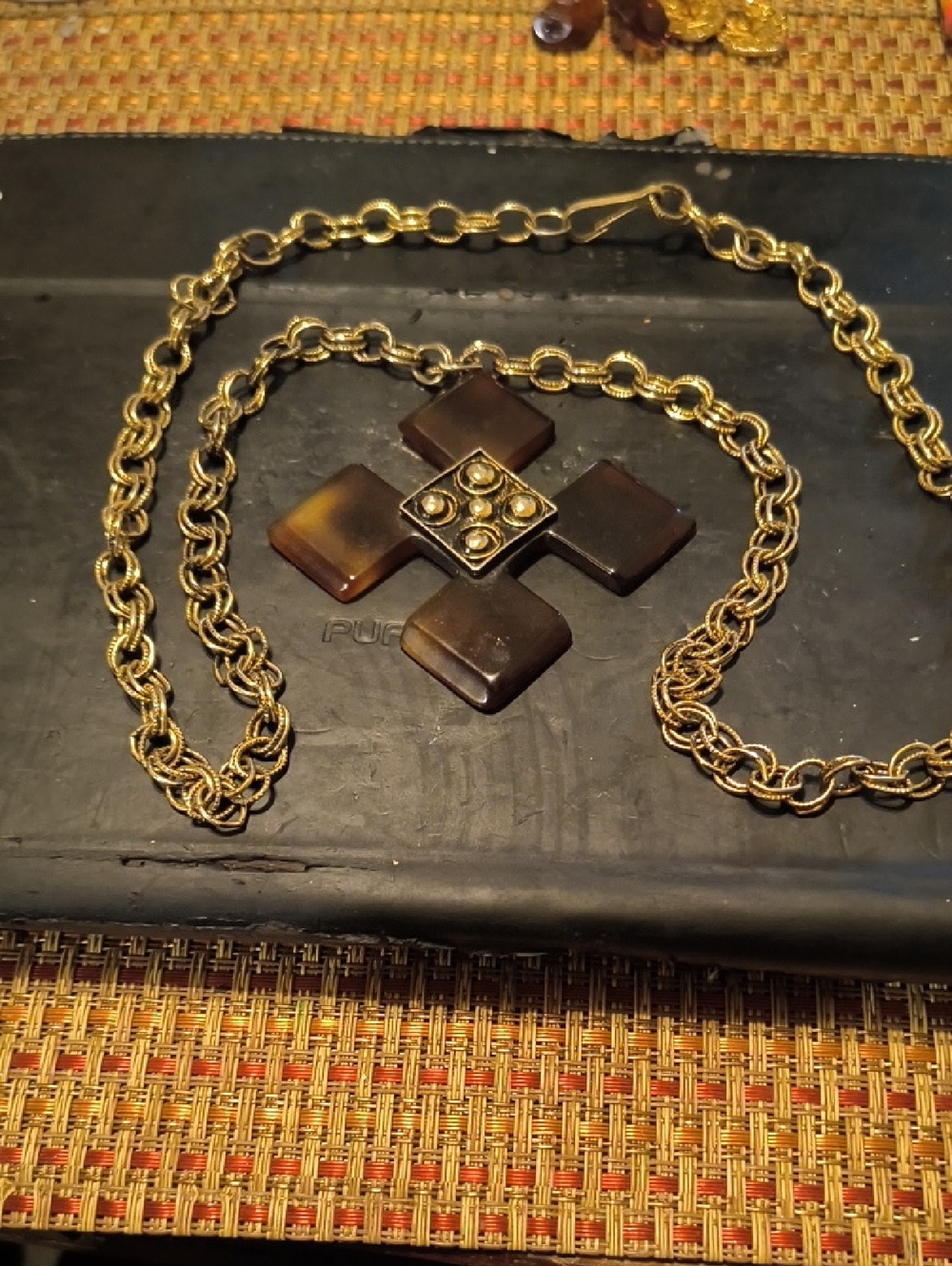Gold Tone Chain Necklace with Brown Cross Pendant.Bakelite Cross